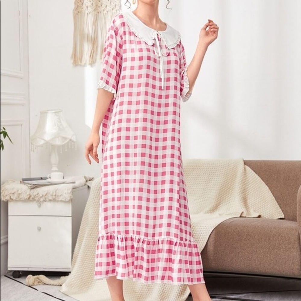 New Pink & White Plaid Ruffle Vintage Nightgown​ - Picture 4 of 6